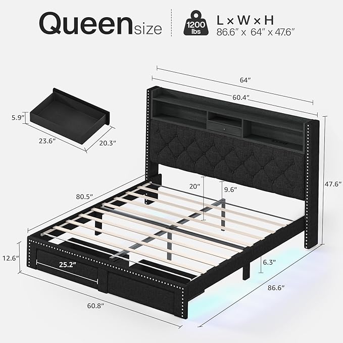 Queen Size Bed Frame, Linen Storage Headboard with LED Light & Charging Station, Upholstered Platform Bed with 2 Storage Drawers, Steel Slats Support, No Box Spring Needed, Black