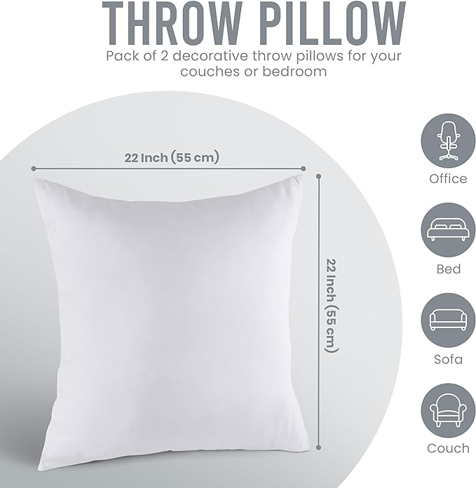 Utopia Bedding Throw Pillows Insert (Pack of 2, White) - 22 x 22 Inches Bed and Couch Pillows - Indoor Decorative Pillow