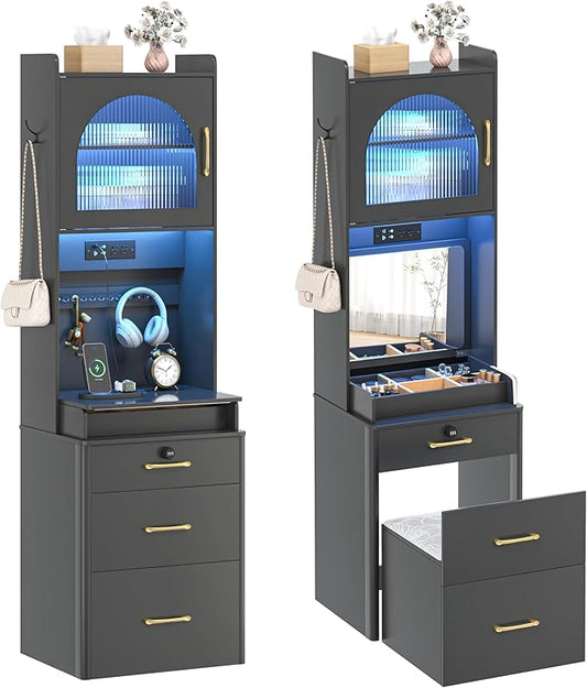 KAMABOKO Vanity Desk with Mirror and Lights, Large Makeup Vanity Table Set with Drawers & Cabinets & Power Outlet, 3 LED Lights Modes Adjustable (029 Black)