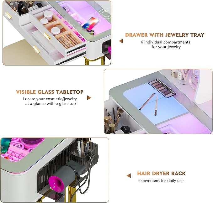 RGB Makeup Vanity Desk with Wireless Charging Station,7 Dynamic and 7 Static Dimmable Vanity Table with Visible Glass Top,Auto Sensor LED Make up Vanity with Mirror and Lights,Stool