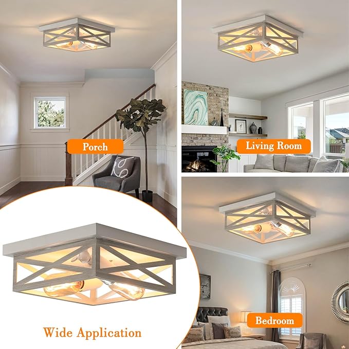 White Farmhouse Ceiling Light Fixtures, Industrial Kitchen Ceiling Fixture for Bedroom, 2-Light Rustic Metal Finish Farmhouse Flush Mount Ceiling Light,Square Cage Hallway Light