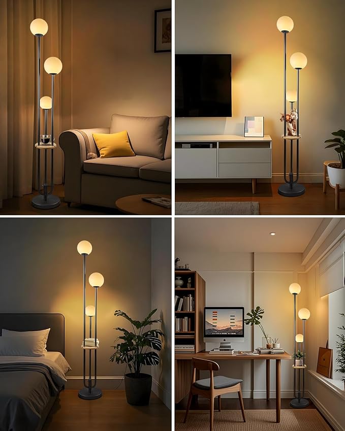 Lightdot Full Dimmable Floor Lamp for Living Room 3-Globe Standing Lamp with Table Candle Holder Style Black Tall Lamps for Bedroom Office Cafe with 3000K Soft Warmwhite Bulbs Included
