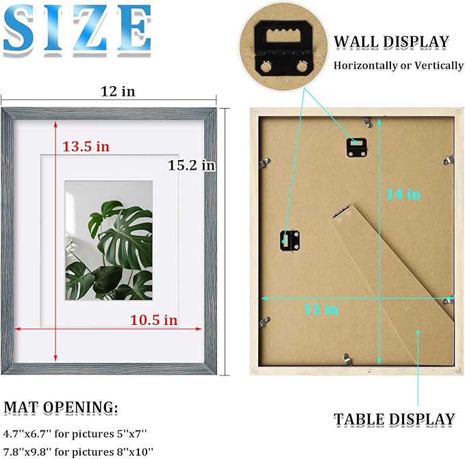 Egofine 11x14 Picture Frame Made of Solid Wood Covered by Plexiglass, Display Pictures 5x7/8x10 with Mat or 11x14 Without Mat for Table Top Display and Wall Mounting Photo Frame, Rustic Blue