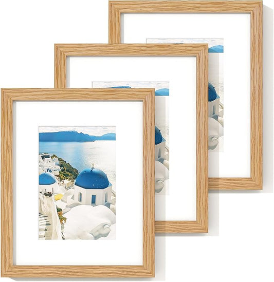 Axeman Solid Oak Wood Frame - 8x10 with Mat for 5x7, Plexiglass and Hanging Hardware Included - Natural, 3 PCs