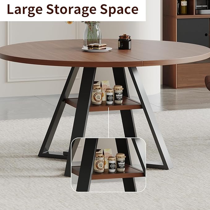 45.3" Walnut Round Dining Table Set with 4 Chairs – Mid-Century Modern Small-Space Kitchen & Dining Room Furniture for Apartment or Breakfast Nook (Boxwood – Storage Table + 4 Black Chairs)