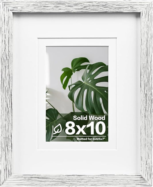 Egofine 8x10 Picture Frames Made of Solid Wood with Plexiglass, Display Pictures 4x6/5x7 with Mat or 8x10 Without Mat for Tabletop and Wall Mounting, Driftwood White