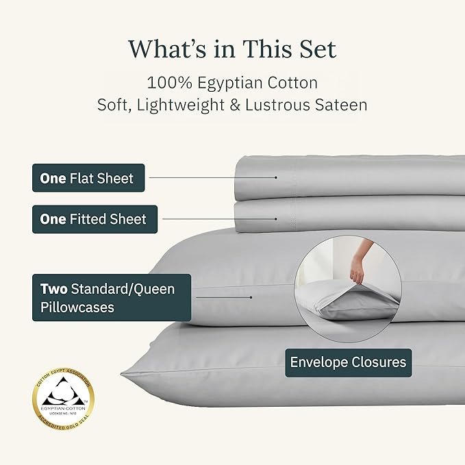 Certified Luxury 100% Egyptian Cotton Sheets, Queen Size Sheet, Deep Pocket Bed Sheets Set, Sateen Cooling Sheets for Hot Sleepers, Queen Egyptian Cotton Sheet Set, Light Grey Queen Sheet Set