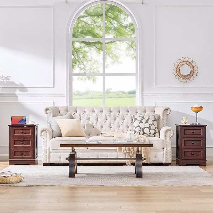 Farmhouse 3 Drawers Dresser for Bedroom, Rustic Small Chest of Drawers with Charging Station, Wood Closet Organizers, Modern Tall Nightstand/End Table for Bedroom, Living Room, Entryway, Cherry Red