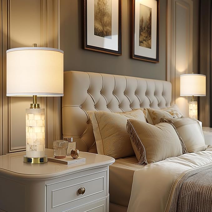 27" Alabaster Lamp,Table Lamps for Living Room Bedroom,Nightstand Lamps Set of 2 with Night Light,Bedroom Lamp with Linen Shade,Gold Table Lamp with USB A+C Ports for Bedside (Bulbs Included)