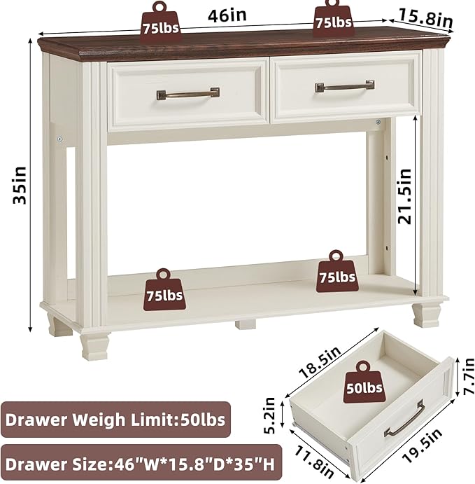Farmhouse 46" Console Table with 2 Drawers, Rustic Wood 2 Tier Entryway Table with Open Storage Shelf for Entry, Large Mid-Century Vintage Sofa Tables Behind Couch for Living Room, White