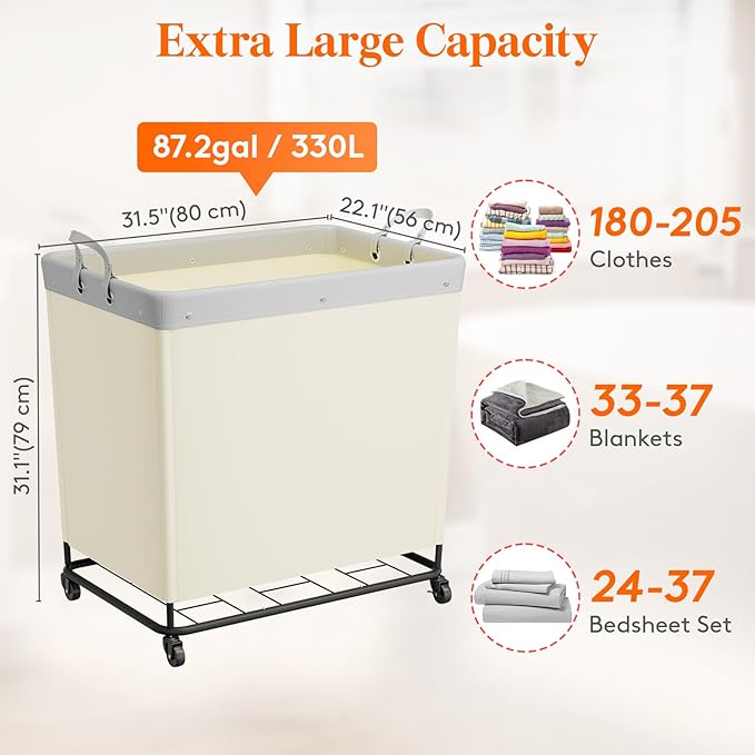 Lifewit 330L Laundry Basket with Wheels, Large Heavy Duty Commercial Rolling Laundry Hamper with Handles, Tall Steel Frame Laundry Cart for Laundry Room Bedroom Hotel Home Dorm, White