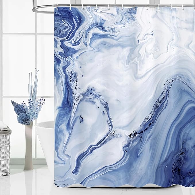 MitoVilla Navy Blue Marble Long Shower Curtain 72 x 78, Abstract 78 inch Long Fabric Shower Curtain for Chic Luxury Bathroom Decor, Modern Ombre Watercolor Shower Curtains 78 inch