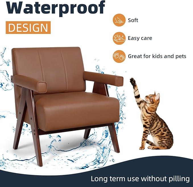 AODAILIHB Mid Century Modern Chairs Brown Leather Accent Chair Wood Arms with Soft Bag Living Room Chairs with Thick Cushion Comfy Leisure Sitting Waiting Room Chairs Bedroom/Office (1, Brown)