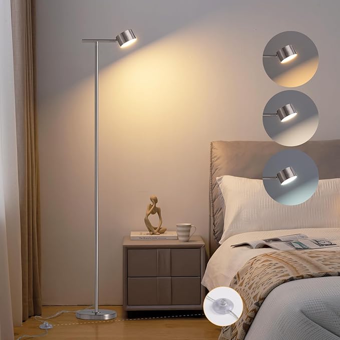 Floor Lamp for bedroom, 3 Color Temperatures Floor Reading Lamp with Flexible Lamp Cap, Modern Bedroom Floor Lamps for Living Room, Simple Design Standing Lamp for Office Working Study Silver