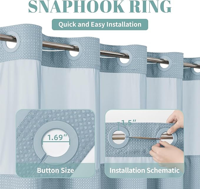 Teal Extra Long No Hook Waffle Weave Shower Curtain with snap-in Liner Replacement, 230GSM Waterproof Fabric Hotel Shower Curtain Set for Bathroom, Through Mesh Top Window,71Wx86H