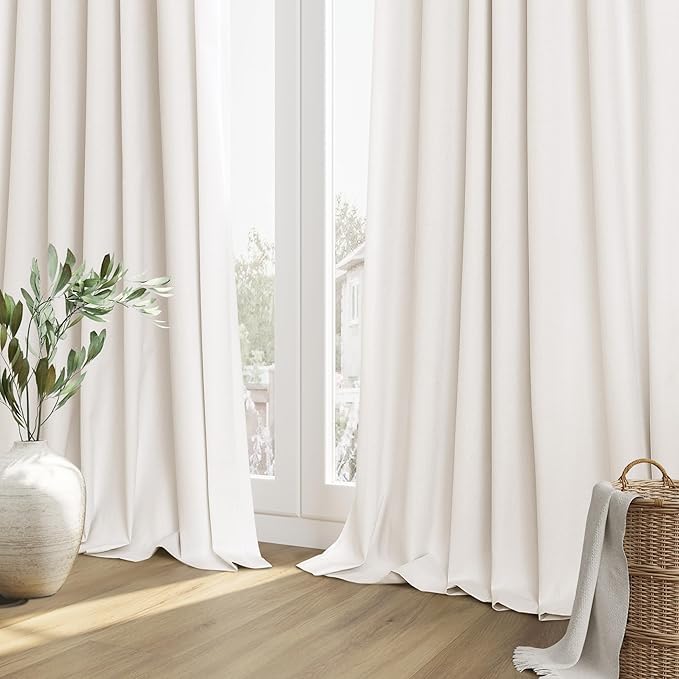 Guken Ivory Linen Blackout Curtains 84 Inch Length 2 Panels Set for Living Room Bedroom Back Tab Thermal Insulated 100% Black Out Linen Drapes Room Darkening Window Curtains 84 Inches Long