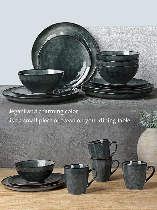 Famiware Dinnerware Sets for 8, Ocean Round 24-Piece Kitchen Plates and Bowls Sets, Microwave and Dishwasher Safe, Scratch Resistant, Deep Forest