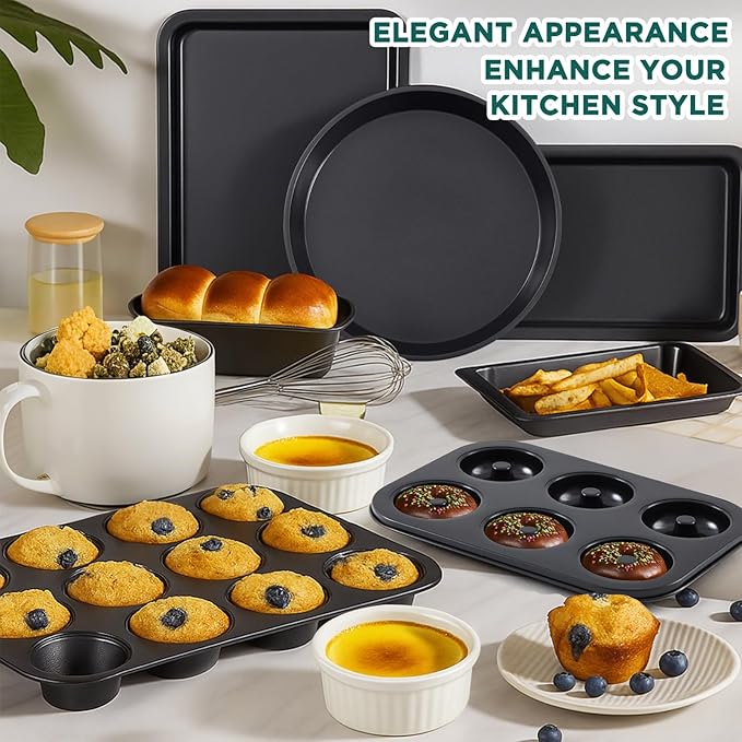 Remerry 12 Pieces Bakeware Set, Nonstick Baking Pans Set, Carbon Steel Oven Safe Nonstick Baking Pans Sets with Cake, Muffin Pan, Cookie, Pie, Tart, Quiche, Loaf Pan for Kitchen Bake Supplies