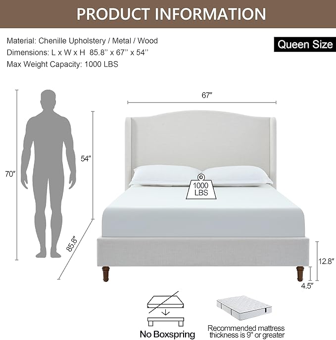 Queen Wingback Bed Frame, 54" Tall Headboard, Chenille Upholstery, Heavy Duty Support, Solid Wood Feet, Easy Assembly (Ivory White Chenille Camelback,Queen)