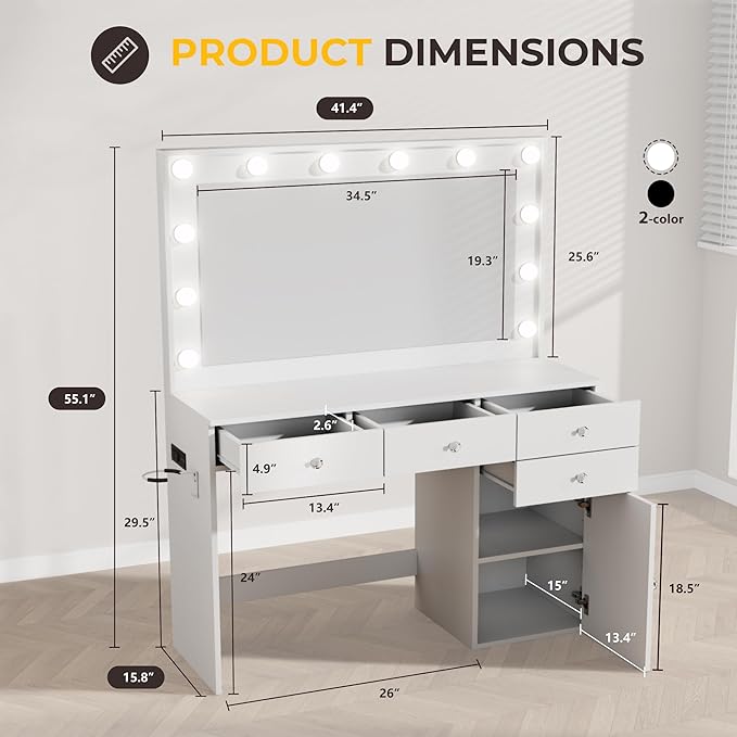 Vanity Desk with Mirror and Lights, 41.4'' Makeup Vanity Desk with 4 Drawers and Large Cabinet, 3 Lighting Modes Adjustable Brightness, White Vanity with Power Outlet for Bedroom