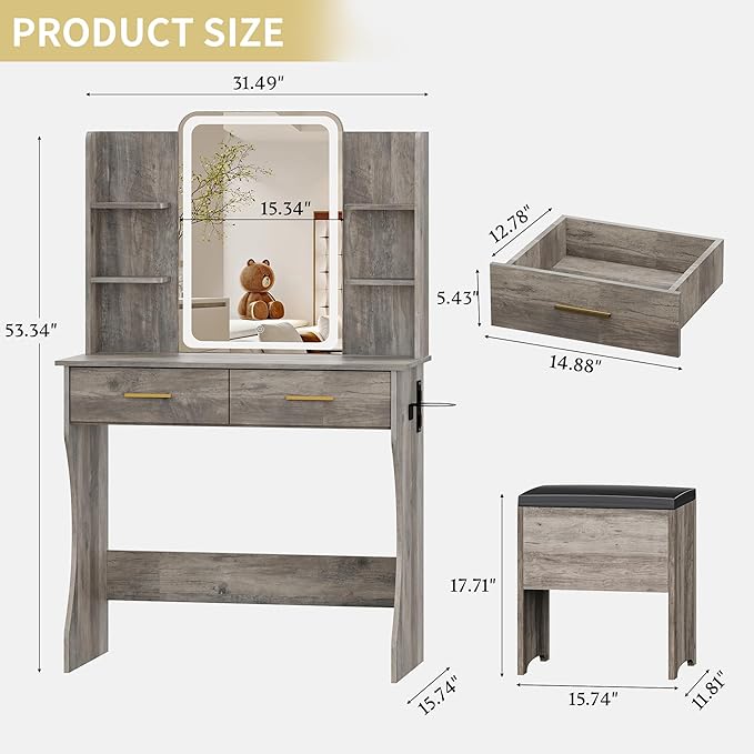 Vanity Desk with LED Lights Mirror & Power Outlet, Small Makeup Vanity Table Set with Storage Drawers & Chair, 3 Lighting Modes & Adjustable Brightness, Dressing Table for Women Girls Bedroom, Grey