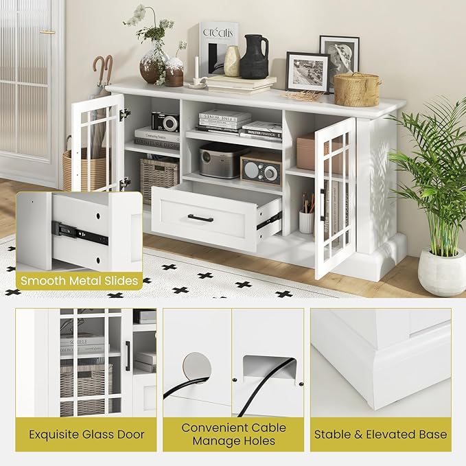 Tangkula Farmhouse TV Stand for TV up to 70 Inch, Tall Media Console Table with 2 Glass Doors, Entertainment Center with Cubbies & Drawer, Storage Cabinet or Sideboard Buffet for Living Room (White)