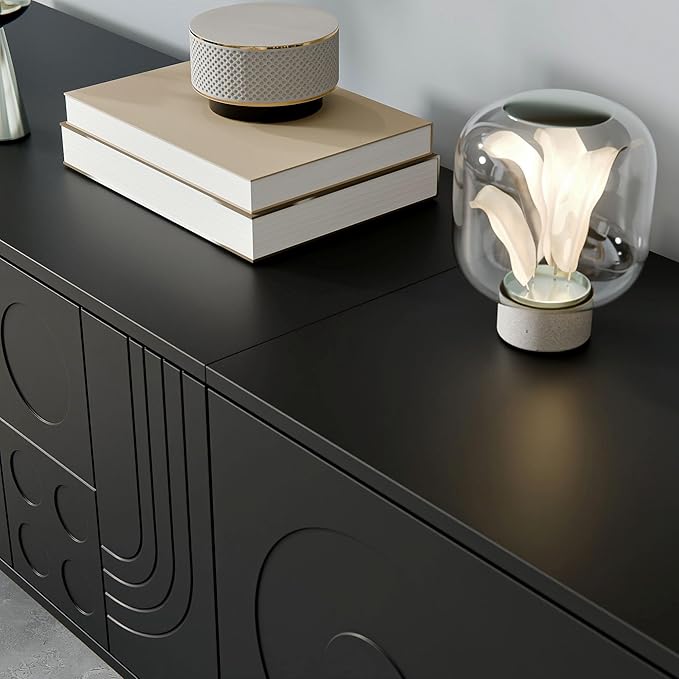 78.7'' W TV Table Stand with Storage, Mid-Century Modren Under TV Cabinet with 4 Doors, Farmhouse Entertainment Media Center with Storage for Living Room, Entryway, Office Furniture, Black