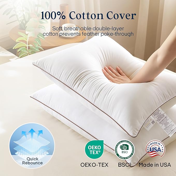 puredown® Goose Feathers Down Pillows Standard Size Set of 2 - Made in USA Soft Fluffy Hotel Pillow, 100% Cotton Cover, Luxury Medium Firm Bed Feather Pillows for Back, Stomach or Side Sleeper