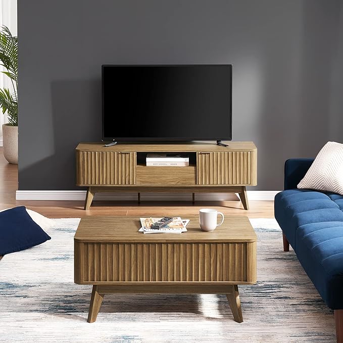 mopio Brooklyn Lift Top Coffee Table for Living Room, Mid Century, Modern Farmhouse with Lifting Tabletop & Hidden Storage, Fluted Panel, Rising Pull Up Dining Table (Walnut)