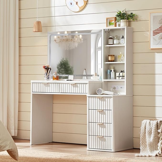 LEYAOYAO White Vanity Desk with Mirror and Lights with Stool, 43.5'' Fluted Makeup Vanity with 6 Drawers and Adjustable Shelves,Wood Make Up Vanity Set with Glass Top and Power Outlet for Bedroom