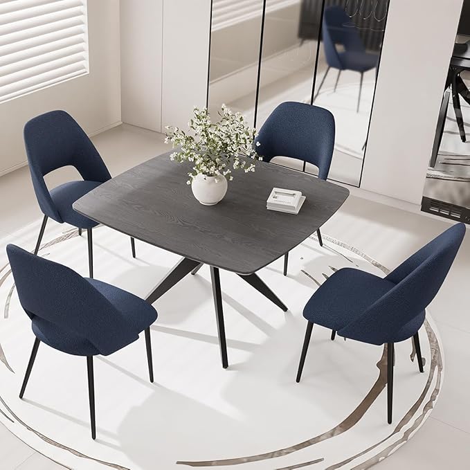 Kidol & Shellder 45.2" Square Dining Table Set for 2-4 People Modern MDF Wooden Dining Room Table with X-Shaped Metal Base Kitchen Table for Dining Room Kitchen Office（Black Table+4pcs Blue Chairs