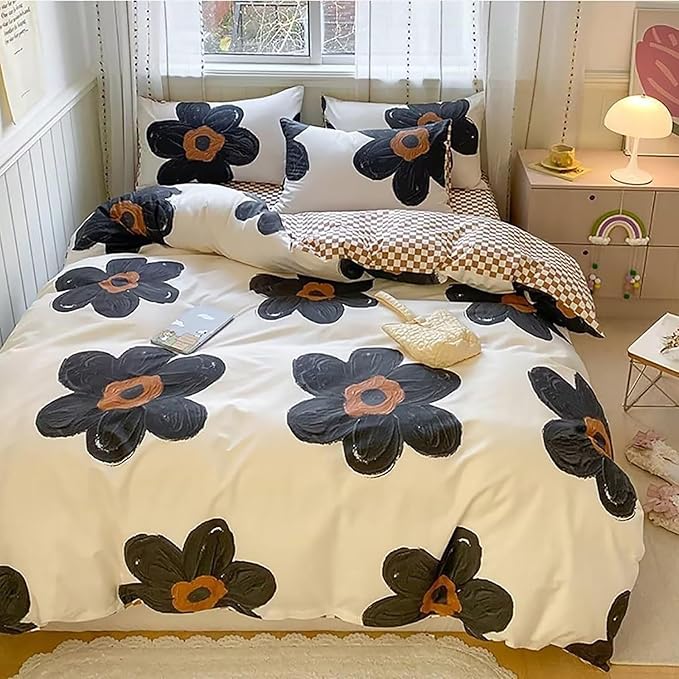 Cottonight Black Sunflower Comforter Set Queen Beige Black Floral Bedding Comforter Set Big Flower Botanical Quilts Boho Blankets Cute Elegant Bedding Set for Women Girls Queen Bed