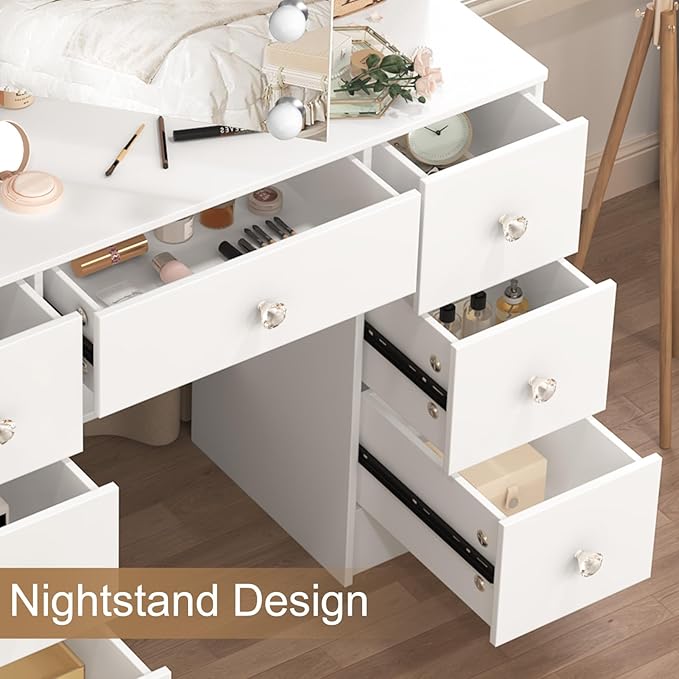 Large Vanity Table, Makeup Vanity with Mirror and Lights, 7 Drawers 8 Open Shelves, Hollywod Vanity Table for Girls and Women,100 * 40 * 140cm, Modern White