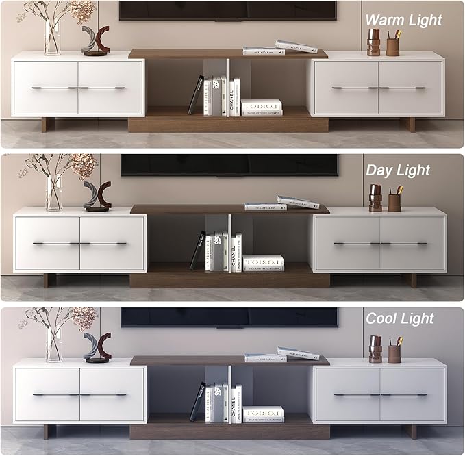 Extendable TV Stand, Modern TV Console for Up to 120 Inch TV, Entertainment Center with 4 Large Drawers & Open Shelf, Media Console for Living Room - White & Walnut (Extendable 74.80"-102.36")