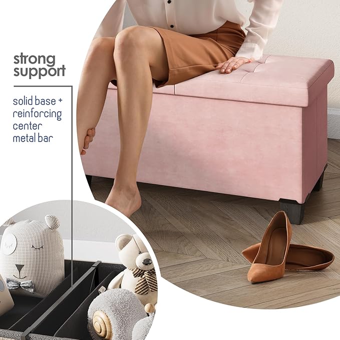 STORAGEBUD Storage Ottoman Bench with Bins, 43-in Storage Bench for Bedroom End of Bed, Folding Foot Rest Ottoman for Living Room Max 660lbs, Velvet Ottomans, Pink
