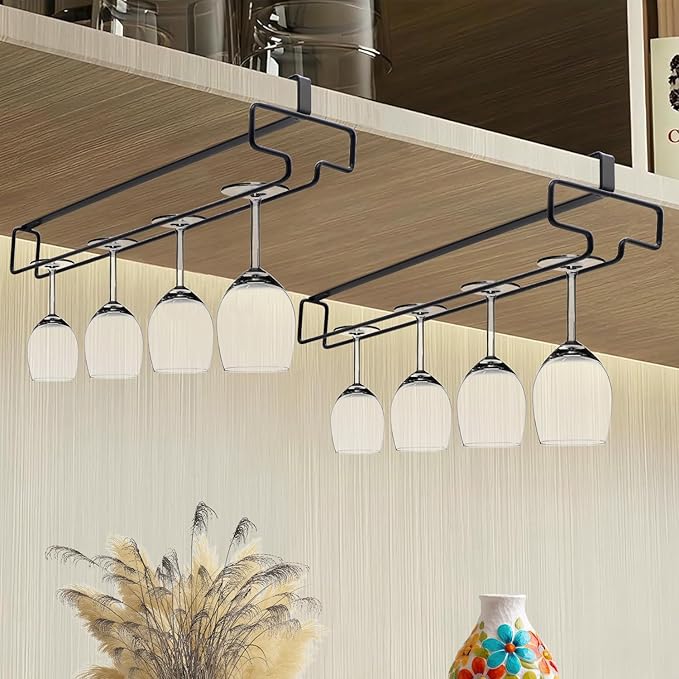 4PCS Wine Glass Holder, Stemware Rack Hanger Under Cabinet, Hanging Glass Storage Rack Organizer for Kitchen Bar, Black