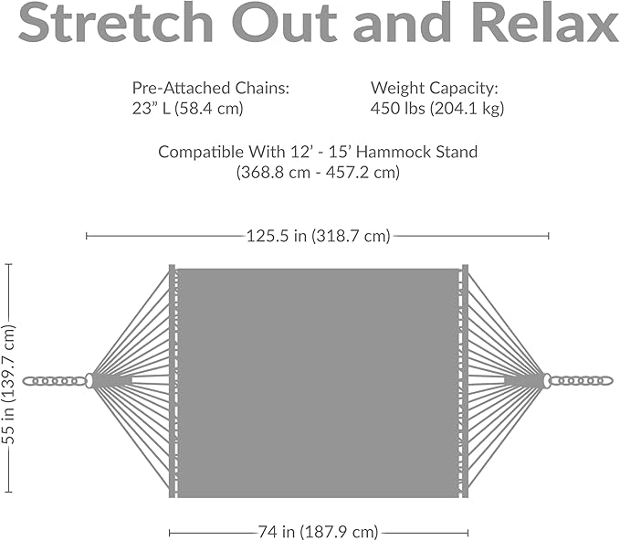 Sunnydaze Quilted Outdoor Hammock with Spreader Bars - Heavy-Duty 450-Pound Capacity Double Hammock for Outside - Red Stripe