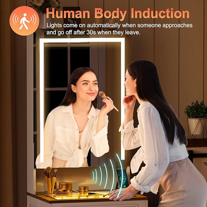 Makeup Vanity Desk with Mirror and Lights,Small Vanity Desk Set with Charging Station & Glass Top,Compact Dressing Table with Jewelry Cabinet & Storage Wheel Stool for Bedroom, White