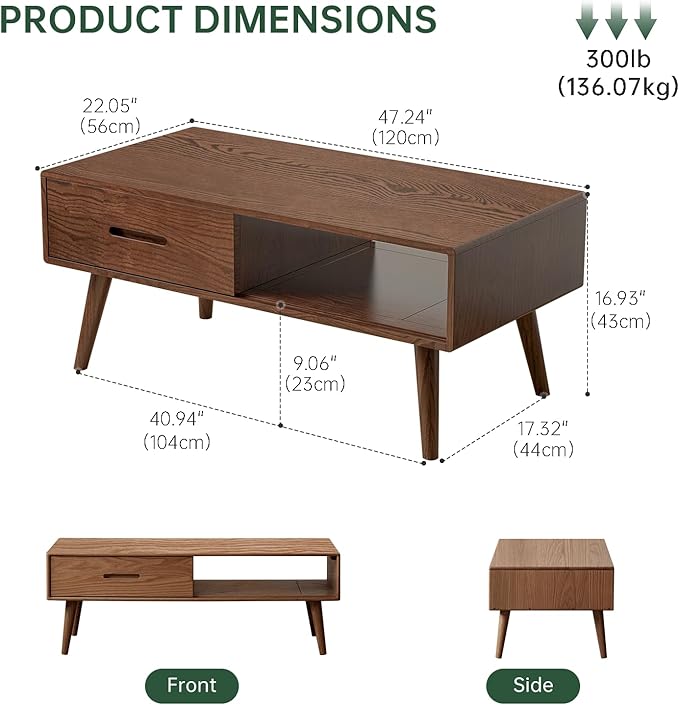100% Solid Wood Coffee Table for Living Room, 47.24" W Oak Coffee Table with Storage Shelf and 2 Drawers, Mid-Century Modern Coffee Tables for Home (Oak Walnut Colour)