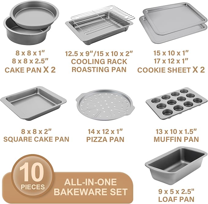 HONGBAKE Bakeware Sets, Baking Pans Set, Nonstick Oven Pan for Kitchen with Wider Grips, 10-Piece Including Rack, Cookie Sheet, Cake Pans, Loaf Pan, Muffin Pan, Pizza Pan - Sliver