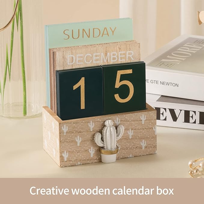 Perpetual Desk Calendar, Wooden Calendar Vintage Office Supplies Block Home Office Aesthetic Boho Desk Accessories Green Cactus Decor Gift