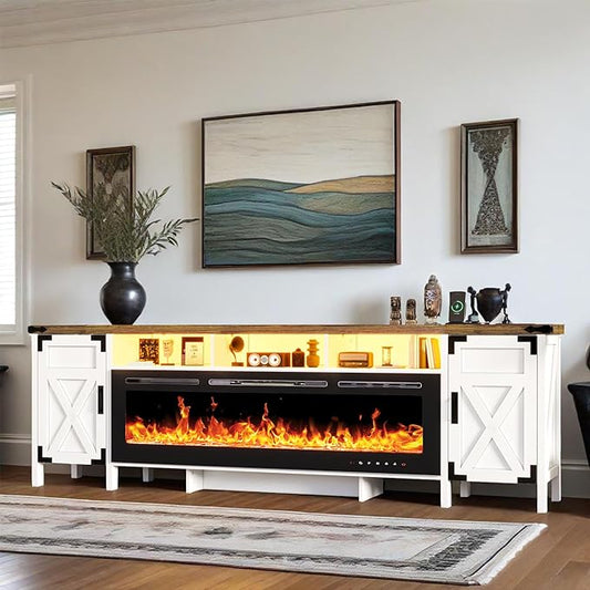 94.5" Fireplace TV Stand for TVs Up to 100", Farmhouse Entertainment Center with 60" Electric Fireplace & LED Lights, Large TV Console for Living Room, Barn Door Cabinet & Open Shelf, White