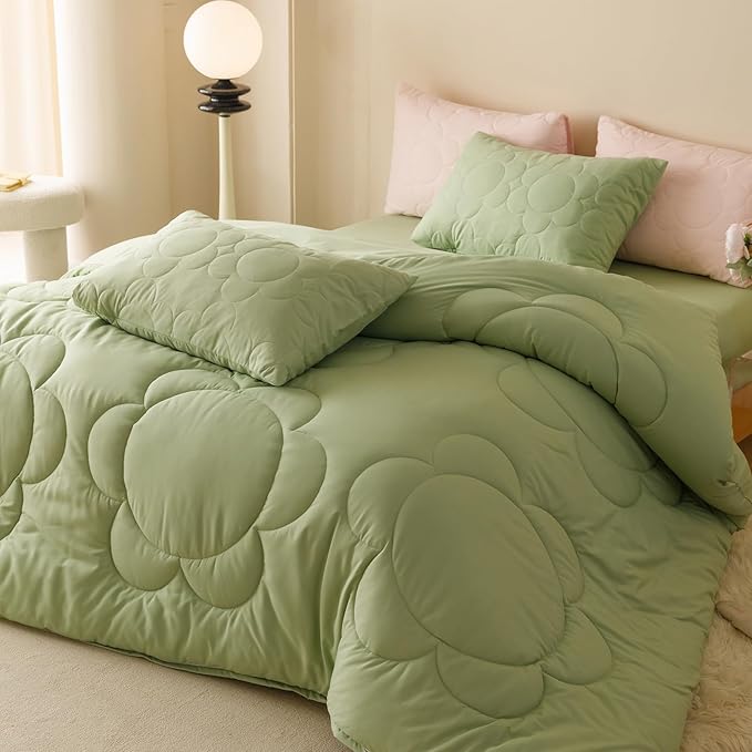 Luxlovery Sage Comforter Set Queen Sunflower Light Green Bedding Comforter Set Queen Size Boho Botanical Big Flowers Quilts Farmhouse Grass Green Comforter for Women Men