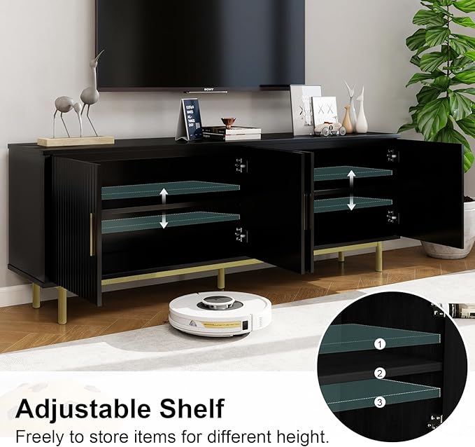 MUUEGM Modern TV Stand for Televisions up to 80 Inch, Entertainment Center with Storage, Cabinet with Fluted Door and Adjustable Shelf, Console Table and Media Furniture for Living Room, Black