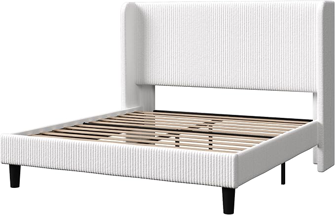 Allewie Queen Size Bed Frame with Upholstered Wingback Headboard, Vertical Channel Tufted Corduroy Velvet Platform Bed, Strong Wooden Slats Support, No Box Spring Needed, Easy Assembly, Sturdy，White