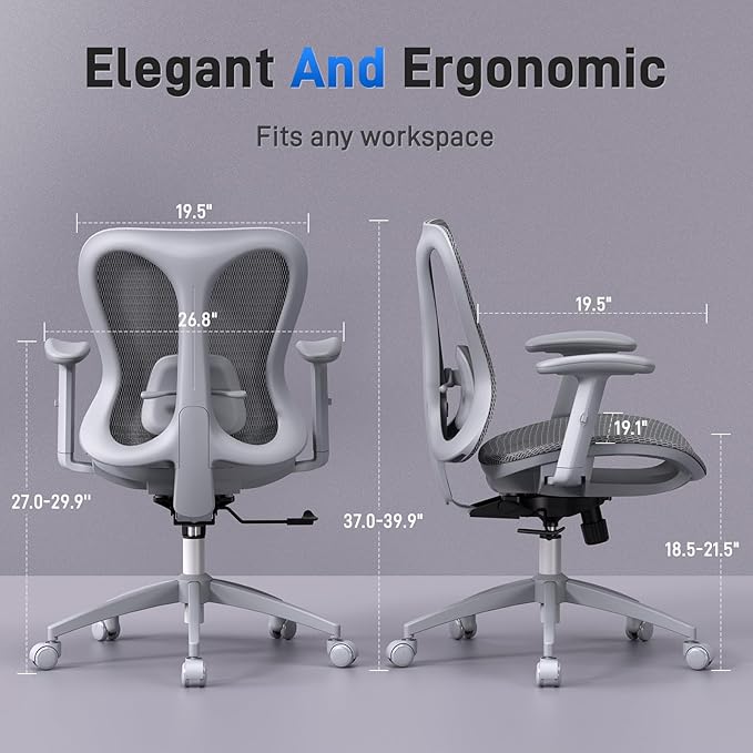 Ergonomic Office Desk Chair, Comfortable Computer Gaming Chair, Breathable Mesh Back & Seat, Adjustable Armrest, Lumbar Support, Butterfly Design for Home Office (Gray)