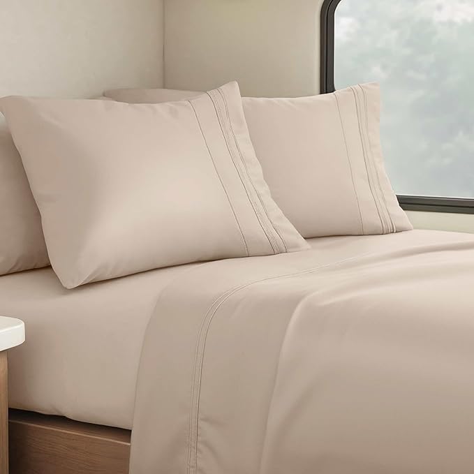 Clara Clark Bed Sheets, Premier 1800 Series 4 Piece RV Queen Sheet Set, Luxury Soft Sheets for RV Bunks, Short Queen - Beige Cream