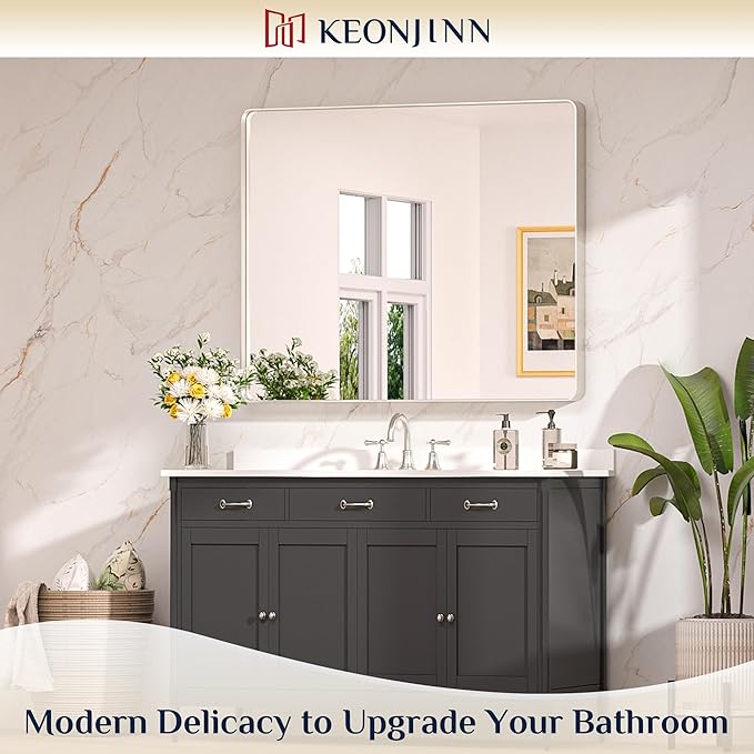 Keonjinn 42 x 36 Brushed Nickel Bathroom Vanity Mirror, Large Rounded Rectangle Bathroom Mirrors for over Sink, Metal Framed Silver Mirror for Wall, Shatterproof HD Tempered Glass(Horizontal/Vertical)