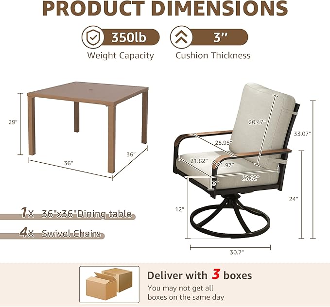 NATURAL EXPRESSIONS 5 Piece Outdoor Patio Dining Sets, 4pcs Swivel Dining Chairs & Square Woodgrain Dining Table with 1.65”Umbrella Hole for Lawn, Garden, Deck, Backyard and Porch