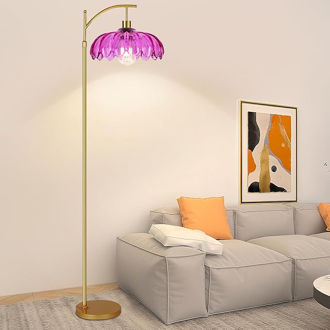 Vintage Floor Lamps for Living Room Arc Floor Lamp with Remote Control & Glass Lampshade,Mid Century Modern Standing Lamp Gold Tall Flower Lamp for Bedroom Living Room Corner